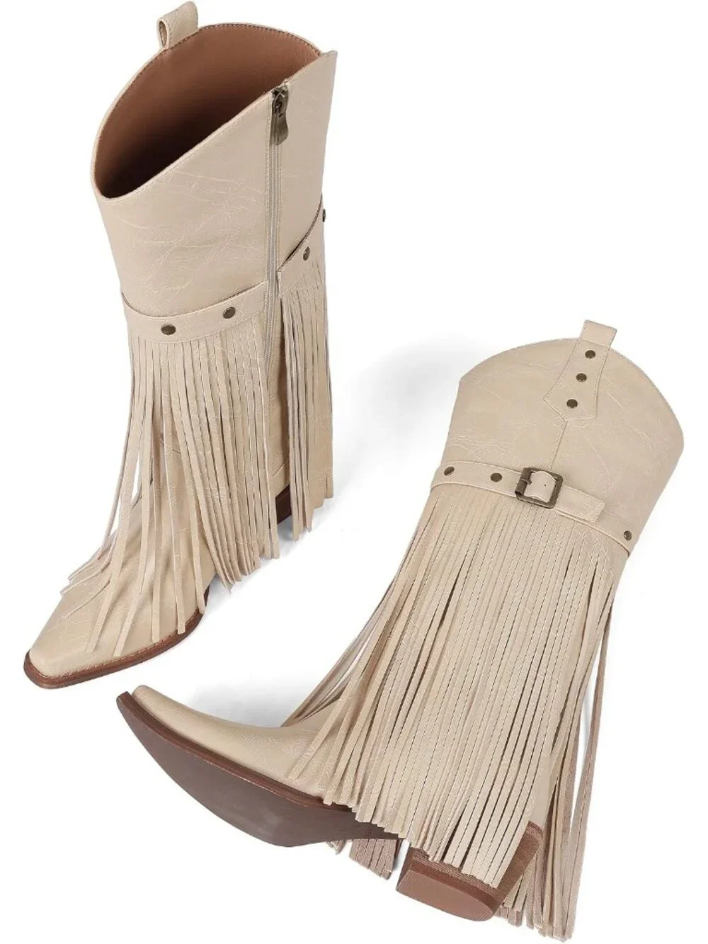 Women's Beige Retro Block Chunky Fringe Wide Calf Western Knee High Long Boots